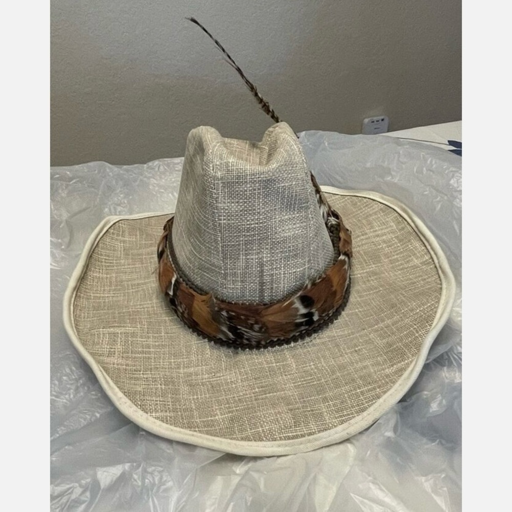 Vintage 1980s Waxed Linen Cowboy Rain Hat Western  Never Worn  Feather Accent - Picture 6 of 9